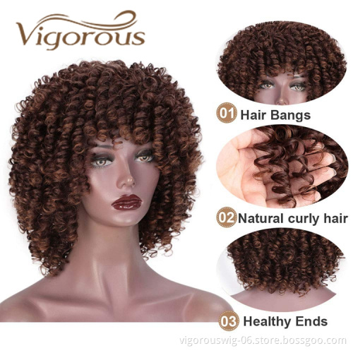Vigorous Wholesale Short Kinky Curly Fluffy Brown Machine Made Heat Resistant Fiber Cosplay For Black Women Synthetic Hair Wigs